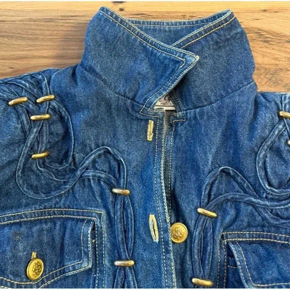 Vintage 80s Denim Jacket Rope Trim Gold Buttons Oversized Western - Picture 7 of 12